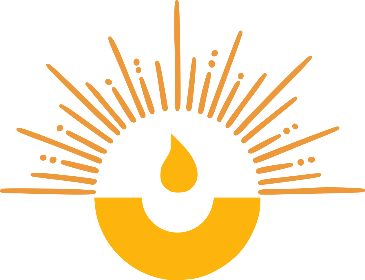 logo Les Petites Gouttes de Soleil, rayons de soleil orange, une goutte jaune qui coule dans une coupelle jaune